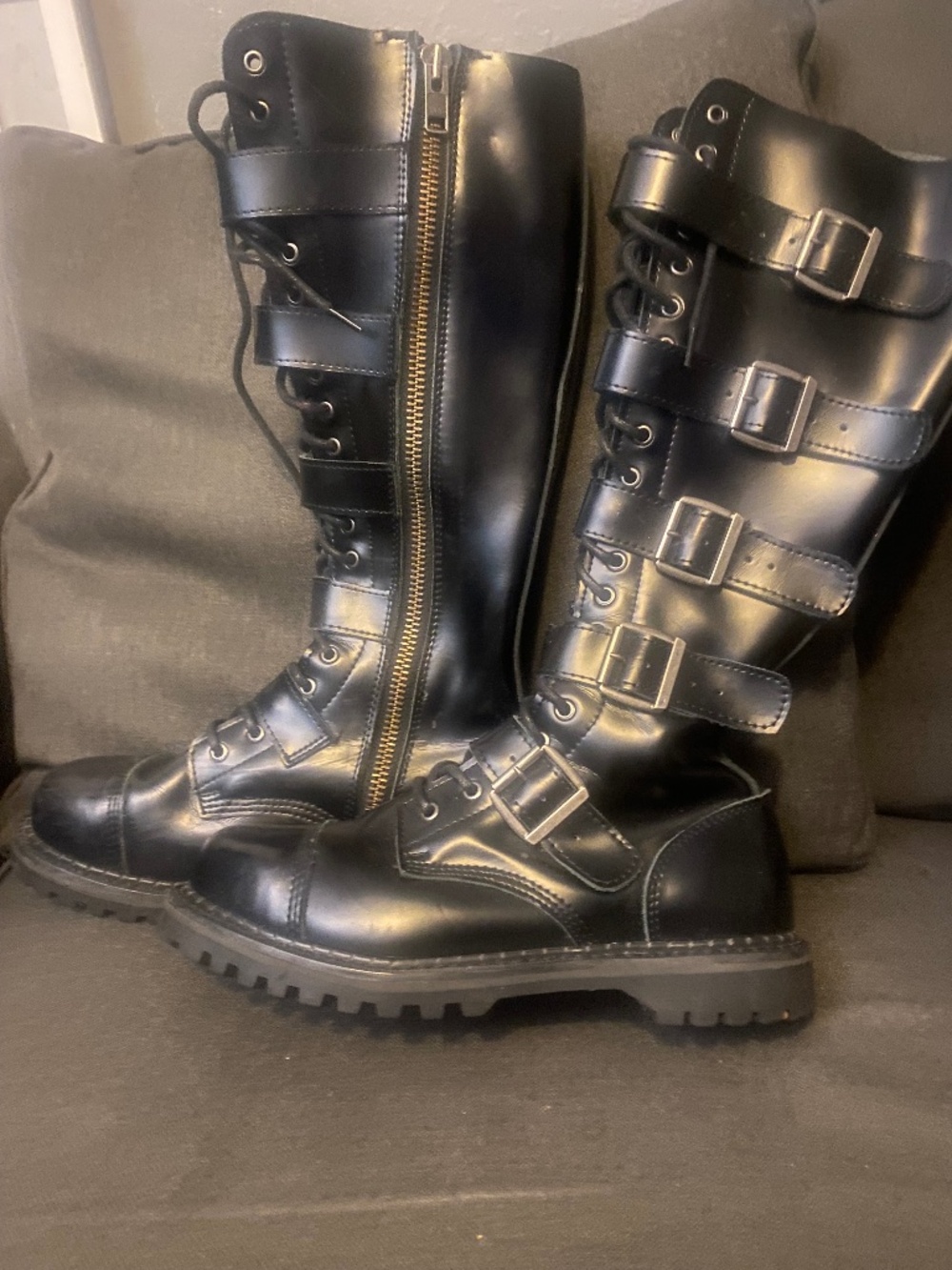 Demonia Riot-18BK Black Leather Steel Toe Knee High Combat Boots-Size 12